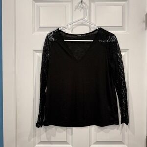 SHEIN Black Lace Long Sleeve V-Neck Sheer Slub Knit Top Size XS